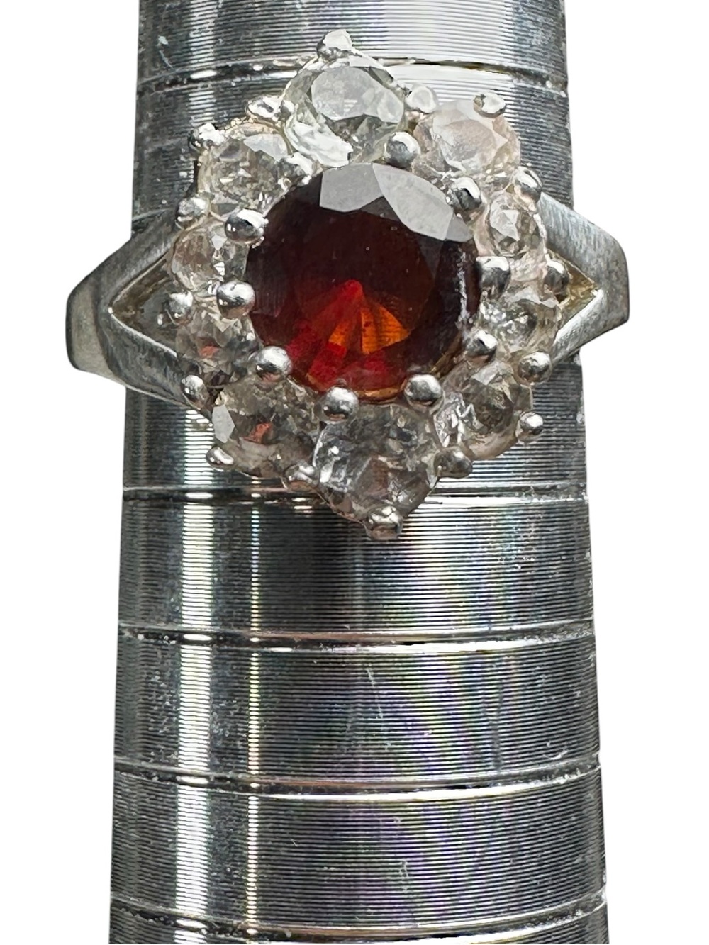 Coleen Lopez 925 Sterling Silver Garnet Zircon Halo Cluster Cocktail Ring Sz 7.5